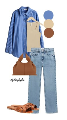 Blue and brown outfit colour combination Blue Outfit Aesthetic Casual, Elegant Summer Outfits Casual, Blue And Brown Outfits For Women, Blue Stripes Shirt Outfit, Tshirt Aesthetic Outfit, Striped Blue Shirt Outfit, Blue Brown Outfit, Color Combinations For Clothes Women, Royal Blue Outfit Ideas