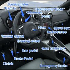 the inside of a car with its steering wheel, dash board and dash lights labeled