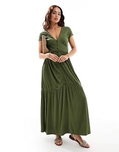 ASOS DESIGN v neck with cap sleeves with lace inserts maxi dress in olive | ASOS Green V-neck Maxi Dress With Button Closure, Solid V-neck Midi Dress With Button Closure, Short Sleeve Maxi Dress With Button Closure, Solid Maxi Dress With Button Closure, Maxi Dress With Button Closure, Elegant Solid Maxi Dress With Button Closure, Elegant Solid Maxi Dress With Buttons, Olive Fitted Maxi Dress, Green V-neck Dress With Buttons