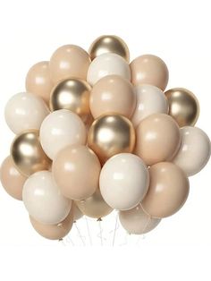 a bunch of white and gold balloons in the shape of a pyramid on a white background