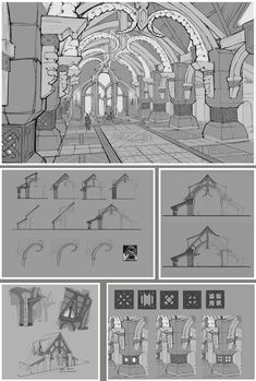 some sketches for the interior of a train station