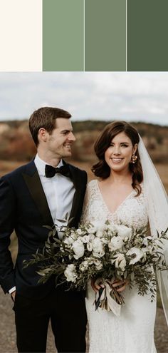 a couple standing next to each other in front of a green and white color scheme