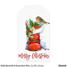 a christmas gift tag with a bird sitting on top of a boot filled with presents