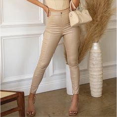 Misslola Nude Faux Leather Pants Nude Leather Pants, Colored Leather Pants, White Leather Pants, White Wide Leg Trousers, Pleather Pants, Brown Leggings, Miss Lola, Metallic Pants, Leather Pant