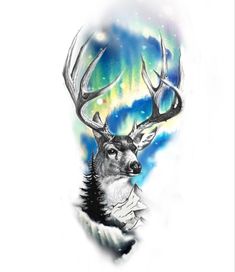 a deer with an aurora bore behind it's head is shown in this tattoo design