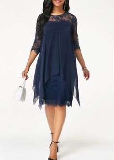 Size:XXL;Size:XL;Size:L;Size:M;Size:S;Color:Navy Blue;Style:Casual;Season:Autumn;Dress Length:Mid Calf;Decoration:Lace Patchwork;Occasion:Holiday;Clothing Length:90.00;Pattern Type:Solid;Package Contents: 1 x Dress;Washing Instructions:Hand Wash;Composition:55% Polyester, 45% Nylon;Color Scheme:Blue;Silhouette:Straight;Sleeve&apos;s Length:Three Quarters Sleeve;Neckline:Round neck; Gray Lace Dress, Purple Lace Dress, Navy Blue Lace Dress, Three Quarter Sleeve Dresses, Green Lace Dresses, Navy Lace Dress, Cold Shoulder Lace, Fashion Dresses Online, Vestido Plus Size