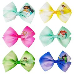 Show up in style with these Disney princess unisex hair bows. Comes with 6 different colored princess bows that easily attach to hair in clip form. Each bow has a different design so you have many options to choose from. Coordinate with any outfit and complete your look. These hair clips work on most all hair types. Size: S.  Color: Multicolor.  Age Group: adult. Hair In Clip, Disney Hair Bows Diy, Disney Princess Hair, Frozen Bows, Ursula Hair Bow, Disney Ribbon Bows, Disney Princess Hair Bows, Princess Hair Bows, Disney Bows