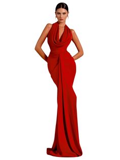 Indulge in elegance with the Women's Elegant Backless Halter Red Draped Maxi Long Bodycon Dress from Drestiny. Enjoy free shipping and let us handle the tax. Hurry Wedding Guest Dress Red, Red Halter Dress, Red Drapes, Cutout Gown, Maxi Bodycon Dress, Red Bridesmaid Dresses, Red Bodycon Dress, Red Maxi, Bandage Dress Bodycon