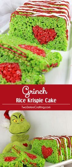 grino rice krispie cake with green frosting and red sprinkles