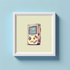 an old gameboy is sitting on the wall in front of a blue background with a white frame