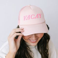 Get ready for endless summer vibes with our Pink Vacay Trucker Hat! This hat is playful with its hot pink, puff letters that scream "it's time for a VACAY!" Perfect for your next getaway, it’s the ultimate accessory for fun in the sun. Bright, bold, and beach-ready! Trendy Baseball Cap For Travel, Trendy Travel Baseball Cap, Casual Letter Print Sun Hat For Vacation, Fun Summer Baseball Cap With Curved Brim, Trendy Trucker Hat For Summer Travel, Trendy Summer Trucker Hat For Travel, Trendy Adjustable Trucker Hat For Travel, Trendy Baseball Cap With Uv Protection, Pink Curved Brim Hat For Vacation