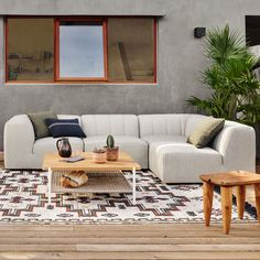 a living room with a couch, coffee table and potted plants on the floor