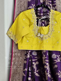 Blouse stitched - Yes Blouse Opening - Front Sleeves Length - Elbow Padded - No Blouse size 42 with inner margins extends to 48 for blouse size 40 alteration can be done on request Fall/pico - Yes done Embroidered Banarasi Silk Blouse For Transitional Season, Transitional Embroidered Banarasi Silk Blouse, Yellow Cotton Silk Blouse For Wedding, Traditional Silk Tops With Yoke Detail, Transitional Banarasi Silk Blouse For Traditional Ceremonies, Traditional Silk Tops With Yoke, Traditional Silk Top With Yoke Detail, Semi-stitched Silk Blouse For Traditional Ceremonies, Fitted Art Silk Blouse For Traditional Ceremonies