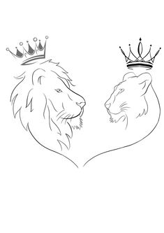 two lions with crowns on their heads facing each other, one is drawn in black and white