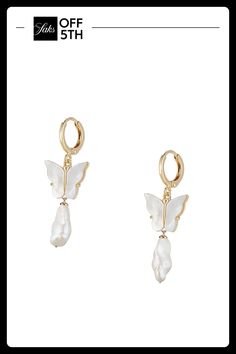 Lustrous Shell Pearl Embellishments Enliven These Delicate Butterfly Earrings. Shell Pearl Goldtone Brass Huggie Back Imported Size Drop, About 1.5" Click Here For A Guide To Jewelry & Watches. Center Core - W Jewelry > Saks Off 5th. Eye Candy La. Party Jewelry With Butterfly Dangle Charm, White Metal Jewelry With Butterfly Charm, Elegant Adjustable Earrings With Butterfly Charm, Adjustable Drop Earrings With Butterfly Charm, White Drop Earrings With Butterfly Charm, Pearl Butterfly, Delicate Butterfly, Fashion Jewelry Earrings, Butterfly Earrings