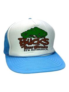 a white and blue trucker hat with the words bucks on it