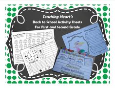 the back to school activity sheets for first and second grade students with green polka dots