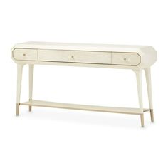 a white console table with two drawers on one side and an open drawer on the other