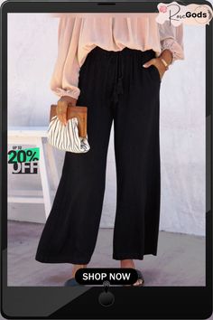 Casual Mid Waist Loose Pants Wide Leg Bottoms With Pockets For Day Out, Fall Wide Leg Non-stretch Pants With Pockets, Fall Vacation Bottoms With Elastic Waistband, Casual Wide Leg Pants With Pockets For Day Out, Non-stretch Summer Wide Leg Pants With Side Pockets, Wide Leg Trousers With Pockets For Day Out, Casual Ankle-length Pants For Day Out, Casual Trousers For Day Out, Trendy Wide Leg Summer Pants With Side Pockets