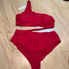 Nwt Vibesicily Branded One Piece Swimsuit, Size Xl. Bandeau Tube Style Bikini Top With One Shoulder Detail. Attached At Side Is Wrap That Is Attached To High Waisted Bikini Bottoms. Boutique Brand- Could Fit Smaller. 59 B249 Red Stretch Swimwear With Lined Body, Red Stretch Lined Swimwear, Red Sleeveless Swimwear For Holiday, Red Holiday Beachwear Swimwear, Red Beachwear For Holiday, Red Cutout Swimwear For Poolside, Red Cutout Swimwear For Pool, Red Cutout Swimwear For Swimming, Red Cutout Swimwear