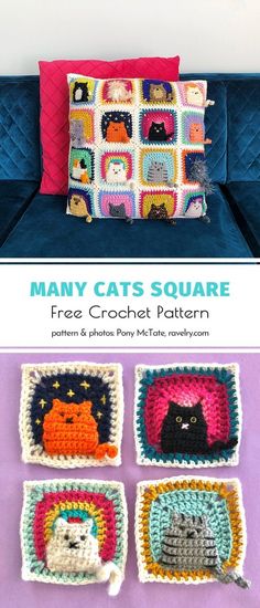 four crocheted squares with cats on them and the text, many cats square free crochet pattern