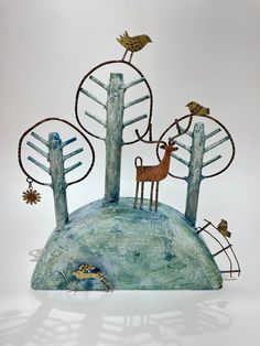 Woodland with three trees, birds, deer and leaping hare by Frances Noon Leaping Hare, Christmas Card Art, Red Copper, Bird Tree, Main Theme, Handcrafted Art, Embroidery Inspiration, Painted Wood, Card Art