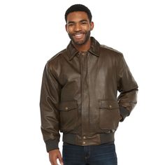 Instant upgrade. Enhance your cold-weather look with the sophisticated style of this men's leather jacket from _. In brown. Size: XXL. Gender: male. Age Group: adult. Pattern: Solid. Masculine Brown Leather Jacket For Winter, Leather Biker Jacket For Cold Weather, Classic Leather Jacket With Pockets For Cold Weather, Masculine Winter Leather Jacket, Rugged Leather Jacket For Winter, Rugged Leather Jacket For Fall, Rugged Leather Jacket For Fall And Cold Weather, Classic Leather Jacket For Cold Weather, Vintage Leather Jacket For Cold Weather