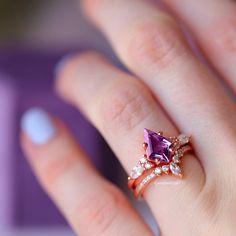 Skye Amethyst Ring Set- 14K Rose Gold Vermeil Couples Ring, Couples Ring Set, Two Hearts, Couple Rings, Amethyst Ring, Jewelry Plate, Ring Set, Gold Vermeil, Ring Sets