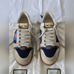 Excellent Condition Only Worn A Few Times On Special Occasions And Cleaned After Each Wear. Size Is 10us. Blue Gucci Lace-up Sneakers, Gucci Low-top Cream Sneakers, Gucci Beige Low-top Sneakers, Gucci Cream Low-top Sneakers, Luxury Custom Sneakers With Gum Sole, Gucci Casual Cream Sneakers, Casual Gucci Cream Sneakers, Casual Cream Gucci Sneakers, Blue Gucci Sneakers With Branded Insole