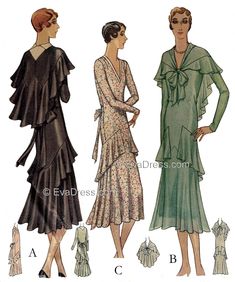 1930 Dresses D30-6050 – EvaDress Patterns 1930 Dress, Basic Dress Pattern, 1930 Fashion, Dress Cape, Cape Pattern, Deco Dress, 1930s Dress, Edwardian Dress, Vintage Dress Patterns