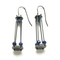 Silver Earrings - Oxidized sterling silver earrings feature two disks and four columns of wire, each with faceted lapis beads. Made of French wire with flexible connections. Alt Jewelry, Kinetic Earrings, Art Jewelry Earrings, Contemporary Handmade Jewelry, Caged Necklace, Simple Hoop Earrings, Mixed Metal Jewelry, Artful Home, Earrings Inspiration