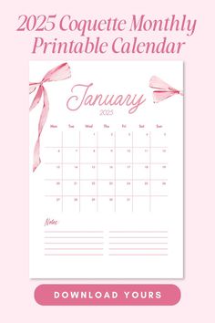 This 2025 coquette calendar printable features cute pink bow graphics and a lovely romantic font. Head on over to my Ko-fi to get your pdf calendar printable today!