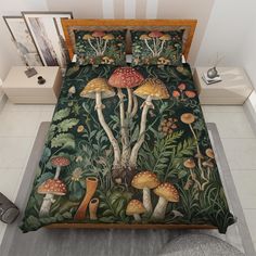 this is a bed with mushrooms and plants on it