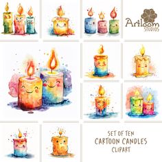 six watercolor candles with different designs on them and the words set of ten cartoon candles clipart