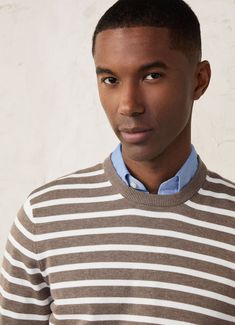 - Jumper in cotton and silk fabric.  - Crew neck.  - Horizontal striped print.  - Ribbed detail on neck, cuffs and hem.  - FAÇONNABLE logo label on side seam. Cotton Crew Neck Sweater With Striped Cuffs, Striped Cotton Crew Neck Sweater, Classic Striped Sweater With Ribbed Collar, Casual Crew Neck Sweater With Striped Collar, Classic Striped Cotton Sweater, Classic Striped Tops For Layering, Classic Crew Neck Top With Striped Hem, Classic Crew Neck Sweater With Striped Cuffs, Classic Striped Tops With Ribbed Cuffs