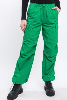 Dark Green Loose Fit Parachute Cargo Pants Green Cotton Ankle-length Parachute Pants, Green Ankle-length Parachute Pants With Cargo Pockets, Green Stretch Full-length Parachute Pants, Green Wide-leg Parachute Pants With Pockets, Green High-waisted Parachute Pants With Side Pockets, Parachute Cargo Pants, Parachute Cargo, Tiktok Fashion, Pants Large