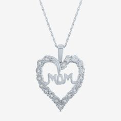 This Yes, Please! Sterling Silver pendant bracelet will be a hit with moms everywhere. Featuring a heart-shaped pendant set with round-cut genuine diamonds and a 'Mom' plate, this necklace comes on a delicate rope chain. Housed in a beautiful gift box, it's the perfect present idea for new moms, the holidays, or a birthday.Features: Mom Jewelry, In A Gift BoxDiamond Clarity: I3Jewelry Closure: Spring Ring ClaspSetting: NickShape: HeartStone Cut: RoundDiamond Color: I-JMetal Color: WhiteChain Len Everyday Round Heart Necklace For Mother's Day, Everyday Heart Necklace For Mother's Day, Personalized White Heart Necklace For Mother's Day, White Jewelry For Mother's Day, Mother's Day Jewelry With Heart Charm, Mother's Day Round Jewelry With Heart Charm, White Birthstone Heart Necklace For Mother's Day, White Heart Necklace With Birthstone For Mother's Day, Mother's Day Round Heart Charm Jewelry