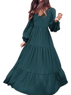 Casual Chiffon Maxi Dress For Fall, Green Chiffon Maxi Dress For Fall, Flowy A-line Maxi Dress For Fall, Green Billowy Maxi Dress, Billowy Long Sleeve Chiffon Maxi Dress, Billowy Chiffon Maxi Dress With Long Sleeves, Long Sleeve Solid Color Chiffon Dress, Fall Solid Color Maxi Dress, Flowy Green Midi Dress Solid Color