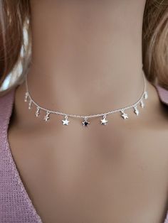 925 Sterling Silver Dainty Stars Choker Necklace Real 925 Sterling Silver NOT SILVER PLATED High Quality Silver Pendant  High polished rhodium finish gives this pendant a stunning shiny look that lasts many years. We have hundreds Silver Jewelry in stock. If you don't see what you are looking , feel free to ask us. Trendy, dainty, luxurious, classic with modern touch, elegant and fancy, fine quality made  925 Sterling Silver stars charm choker necklace. Descriptions 925 Sterling Silver Stars Cha Necklace Choker Silver, Silver Star Choker, Starry Jewelry, Dainty Stars, Short Silver Necklace, Silver Spoon Jewelry, Mini Stars, Star Celestial, Charm Choker Necklace