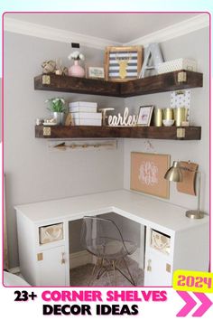 a corner desk with some shelves above it