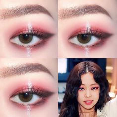 New Jeans Makeup Kpop, Asian Smokey Eye Makeup Hooded Eyelids, Red Eyeshadow Hooded Eyes, Kpop Idol Eye Makeup, Blackpink Eye Makeup, Idol Makeup Korean, Kpop Idol Makeup Look, Kpop Inspired Makeup, Korean Idol Makeup