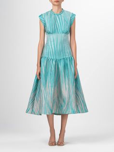 Conza Dress Aqua Abstract Ripple – Silvia Tcherassi US Fitted Taffeta Midi Dress, Spring Cap Sleeve Cocktail Dress, Spring Evening Midi Dress With Cap Sleeves, Short Sleeve Midi Dress With Pleated Bodice For Party, Party Midi Dress With Pleated Back And Short Sleeves, Formal Cap Sleeve Dresses With Pleated Back, Fitted Dress With Pleated Back And Cap Sleeves, Aqua Dress, End Of Season Sale