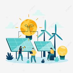 people are working on solar panels with windmills in the background, illustration, flat design png and psd