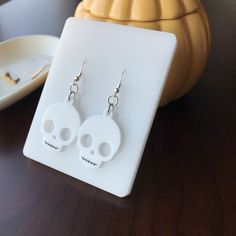 Halloween Skull Earrings, Skull Jewelry, Gothic Skull Earrings, Halloween Costume Earrings, White Skull Earrings, Acrylic Skull Earrings White Skull Print Jewelry For Gift, White Skull Jewelry For Halloween, White Skull Print Jewelry Gift, Halloween Skull Jewelry In White, Halloween White Skull Jewelry, Edgy Skull Shaped Earrings For Gift, Halloween Themed White Earrings, Halloween Skull Print Earrings Gift, White Skull-shaped Halloween Jewelry