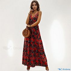 Orcajump - Sleeveless Floral Maxi Dress Casual Maxi Dress For Party, Casual Floral Print Maxi Sleeveless Dress, Casual Party Sundress, Chic Red Sleeveless Beach Dress, Casual Sleeveless Maxi Dress For Vacation, Red Bohemian Sleeveless V-neck Dress, Casual Sleeveless Maxi Dress For Beach Season, Red Sundress For Vacation, Casual Sleeveless Sundress With Floral Print