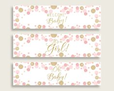 three pink and gold baby shower banners