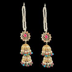 Long satlada with earrings made using shell pearls , semi precious beads gold plated earrings included Gold Chandbalis With Tilla For Designer Wear, Designer Chandbalis With Tilla For Diwali, Designer Tilla Chandbalis For Diwali, Bollywood Style Chandbalis With Tilla For Designer Wear, Kundan Jhumkas For Festivals, Designer Kundan Jhumkas With Meenakari, Traditional Jhumkas For Designer Festivals, Traditional Meenakari Jhumkas For Designer Wear, Traditional Dupatta With Stone Work