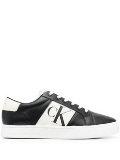 black/white leather blend logo print to the side round toe front lace-up fastening logo patch at the tongue branded insole logo print to the rear flat rubber sole Calvin Klein Shoes Mens, Jeans Logo, Logo Items, Calvin Klein Shoes, Calvin Klein Jeans, Mens Shoes Sneakers, Sneakers Black, Logo Print, White Leather