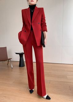 Elevate your style with our Sydney Single-breasted Blazer Pantsuit Set. Crafted with a sophisticated western-style collar and double-breasted detail, this set comes in a bold red and black color scheme. Make a statement in this exclusive and tasteful ensemble, perfect for any occasion. Notched lapels Long sleeve Double-breasted closure Polyester,Spandex Item #241177 Women's blazer & wide-leg pants set SIZE INFO XS=US2=UK6=EU32 S=US4-6=UK8-10=EU34-36 M=US8-10=UK12-14=EU38-40 L=US12-14=UK16-18=EU4 Winter Workwear Sets With Suit Collar, Formal Fall Double-breasted Sets, Fall Formal Double-breasted Set, Formal Double-breasted Sets For Fall, Red Tailored Double Breasted Suit, Tailored Red Double Breasted Suit For Work, Red Notch Lapel Pantsuit For Fall, Chic Red Semi-formal Suit, Fitted Sets With Double Button Closure For Workwear