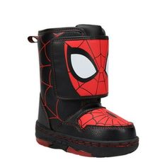 You'll be ready to go outside wearing your favorite character Spider-Man in this comfortable light-up winter boot. Perfect for exploring and playing the day away! These licensed Spiderman smooth PU boots have a lined collar for more warmth during those cold winter days. Your play adventures will be more fun as you see the Spider-Man Eyes on the front of your boots guiding the way for you! Available in Boys Toddler sizes 6-11, medium width. Color: Black.  Gender: male.  Age Group: adult. Black Rubber Sole Rain Boots For Winter, Black Rain Boots With Rubber Sole For Winter, Winter Adventure Waterproof Boots With Round Toe, Black High-top Rain Boots For Outdoor, Outdoor High-top Non-slip Boots, Non-slip High-top Outdoor Boots, Insulated High-top Synthetic Boots, Winter Rain Boots With Reinforced Toe, Black Winter Boots For Adventure